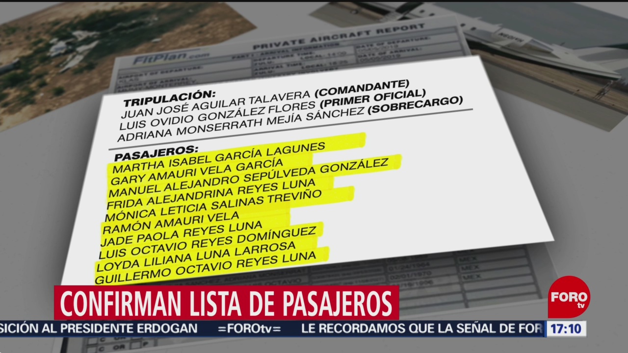 Foto: Lista de pasajeros de vuelo siniestrado en Coahuila
