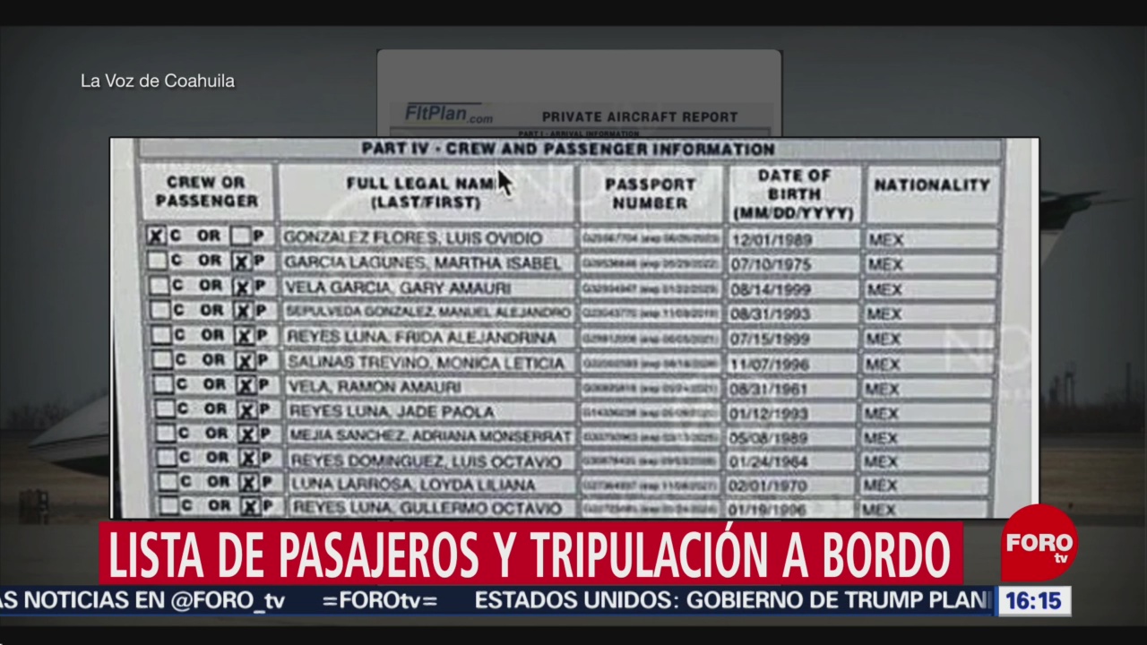 Foto: Lista de tripulación y pasajeros de avión desaparecido en Coahuila