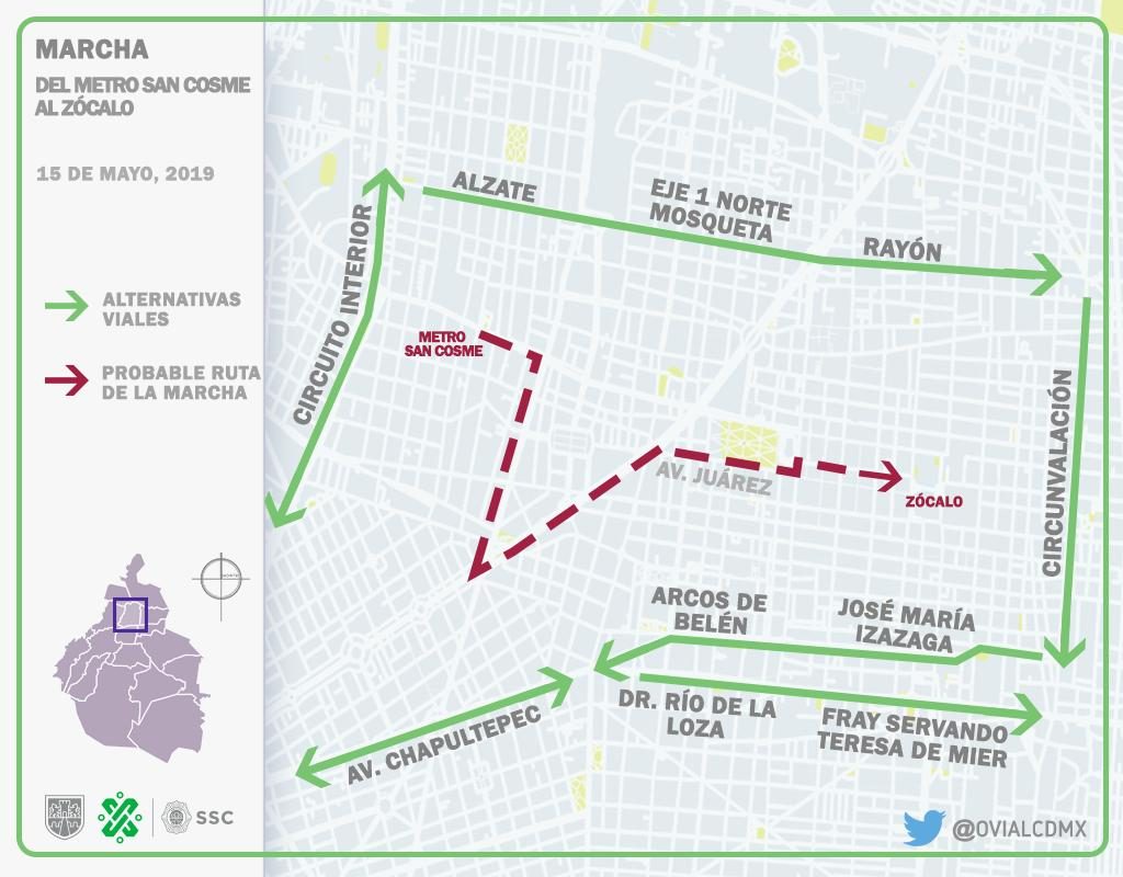 Foto Mapa del trayecto que seguirá la marcha de la CNTE hacia Zócalo capitalino 15 mayo 2019