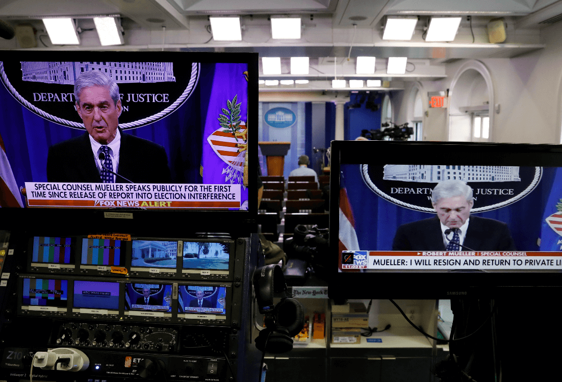 Foto: Mueller se aprecia en pantallas en la Casa Blanca, 29 de mayo de 2019, Washington, Estados Unidos 