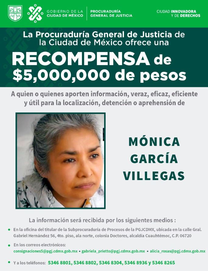 Foto: Ofrecen recompensa de 5 millones de pesos por Mónica García Villegas, directora del Colegio "Enrique Rébsamen", 1 mayo 2019