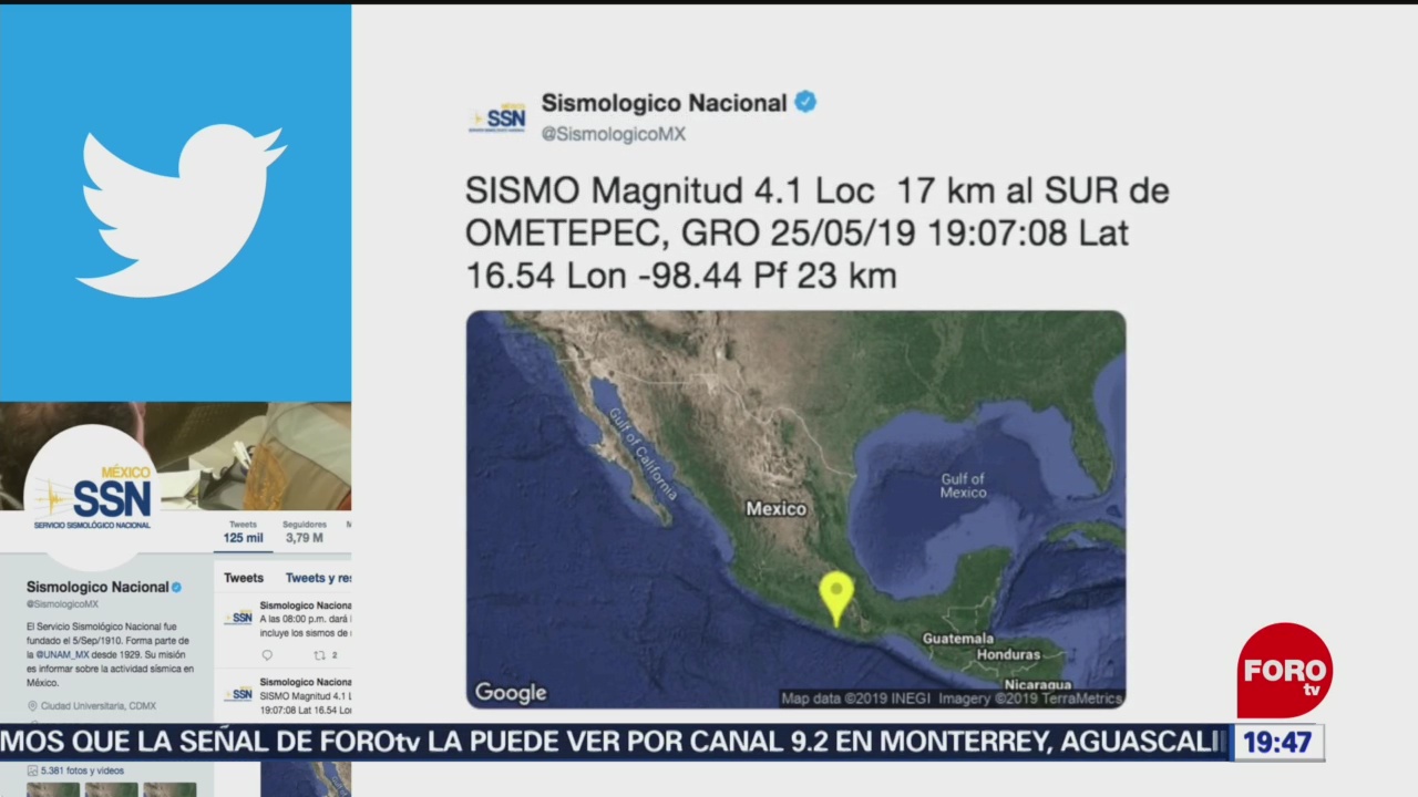 FOTO: Se registra sismo de magnitud 4.1 en Ometepec, Guerrerom 25 MAYO 2019