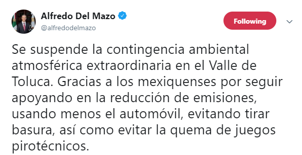 IMAGEN Suspenden contingencia ambiental en el Valle de Toluca este sábado 18 de mayo (Twitter@alfredodelmazo)