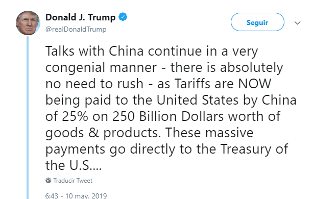 Imagen: uit de Trump sobre China, 10 de mayo de 2019, Estados Unidos