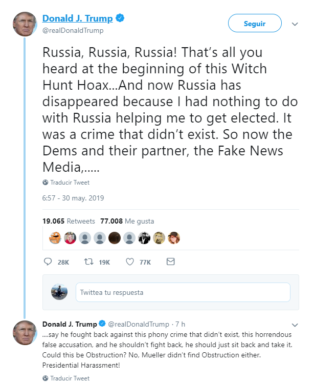 Imagen: Tuit de Trump sobre la injerencia rusa, 30 de mayo de 2019, Estados Unidos