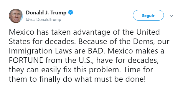 Foto: Tuit de Trump sobre México, 31 de mayo de 2019, Estados Unidos