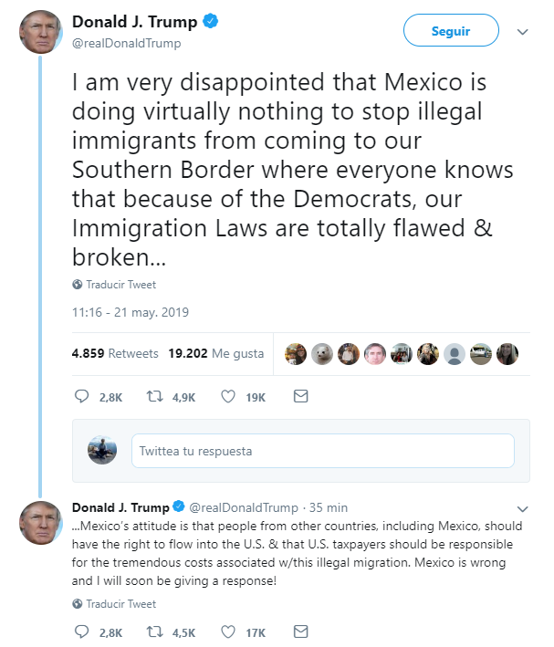 Foto: Tuits sobre migración, publicados por Trump, 21 de mayo de 2019, Washington 