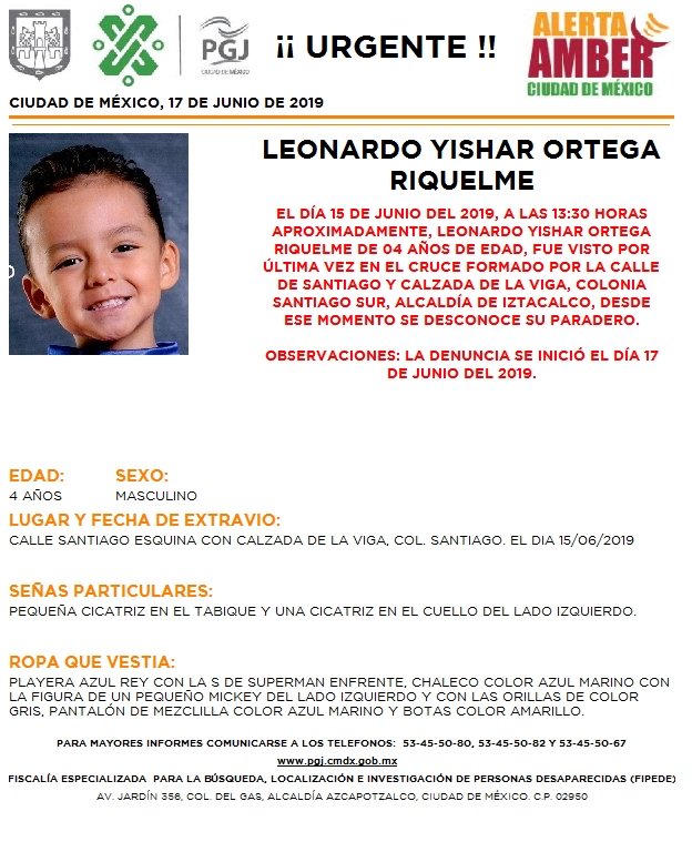 Foto Alerta Amber para ayudar a localizar a Leonardo Yishar Ortega 17 junio 2019