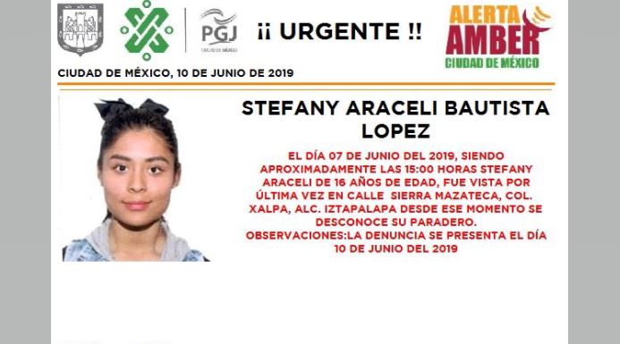 Foto Alerta Amber para localizar a Stefany Araceli Bautista López 10 junio 2019
