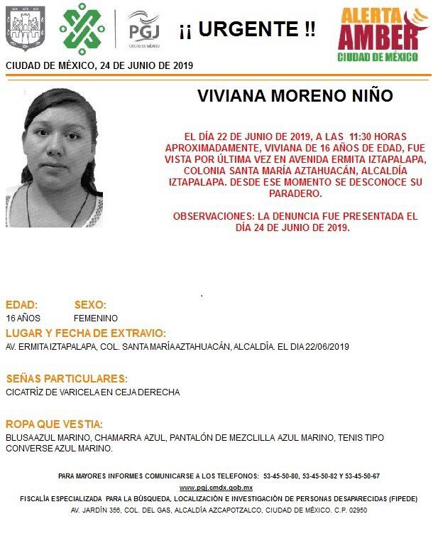 Foto Alerta Amber para ayudar a localizar a Viviana Moreno Niño 25 junio 2019
