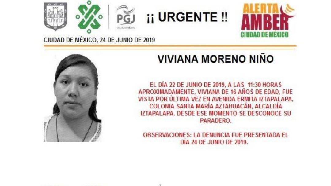 Foto Alerta Amber para ayudar a localizar a Viviana Moreno Niño 25 junio 2019