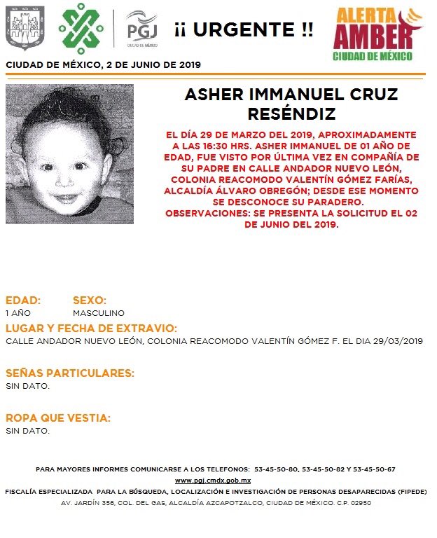 Foto Alerta Amber para localiza a Asher Immanuel Cruz Reséndiz 3 junio 2019