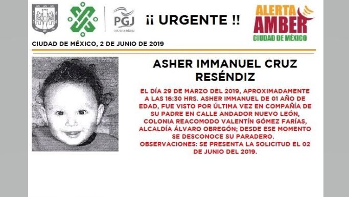 Foto Alerta Amber para localiza a Asher Immanuel Cruz Reséndiz 3 junio 2019