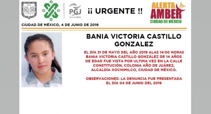 Foto Alerta Amber para localizar a Bania Victoria Castillo González 5 de junio 2019