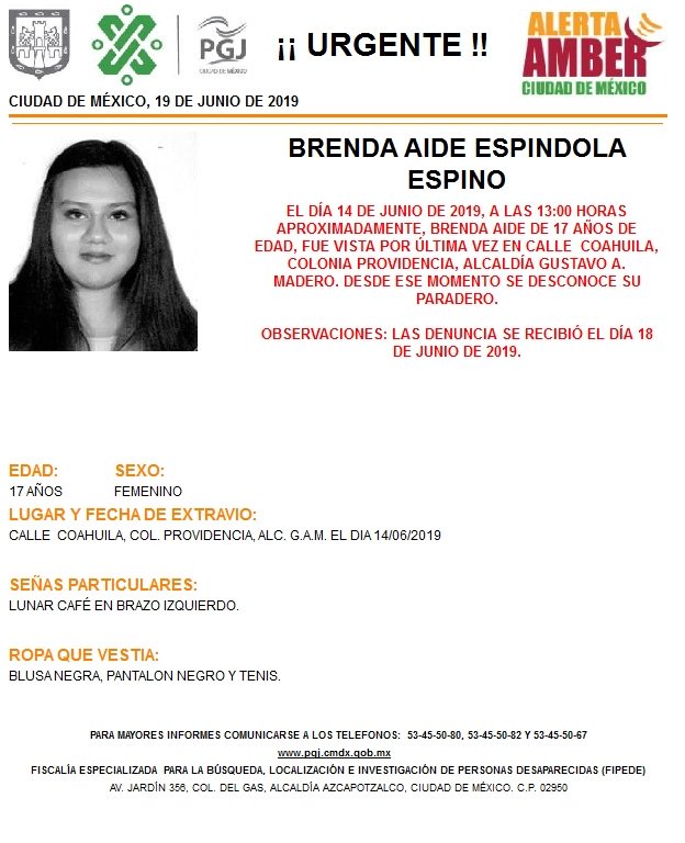 Foto Alerta Amber para localizar a Brenda Aide Espindola Espino 19 junio 2019