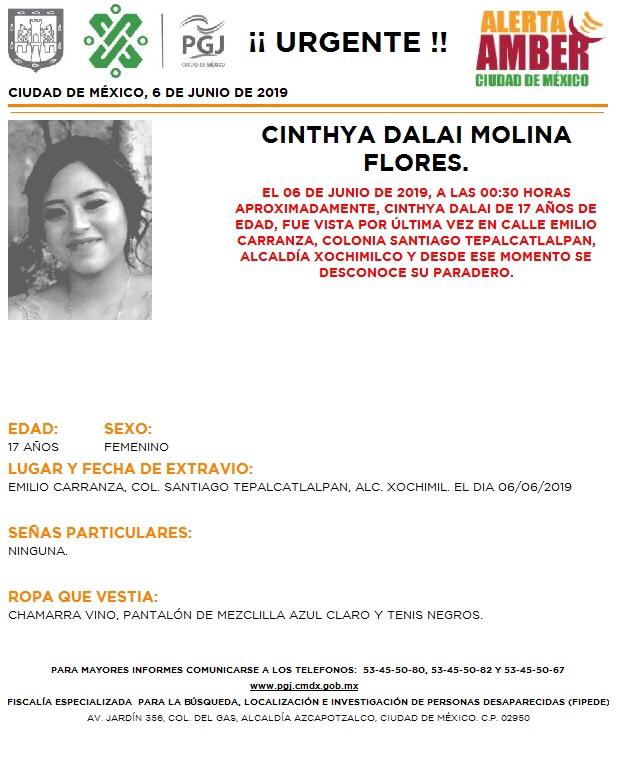 Alerta Amber para localizar a Cinthya Dalai Molina Flores. (PGJCDMX)