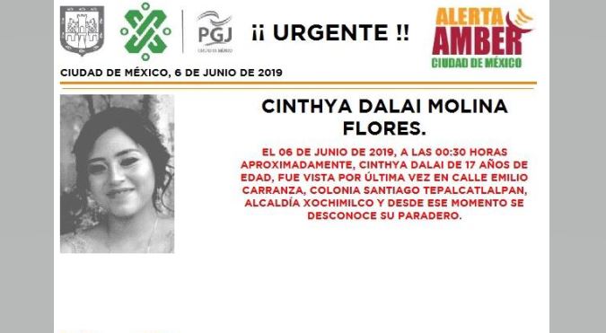 Foto Alerta Amber para localizar a Cinthya Dalai Molina Flores 6 junio 2019