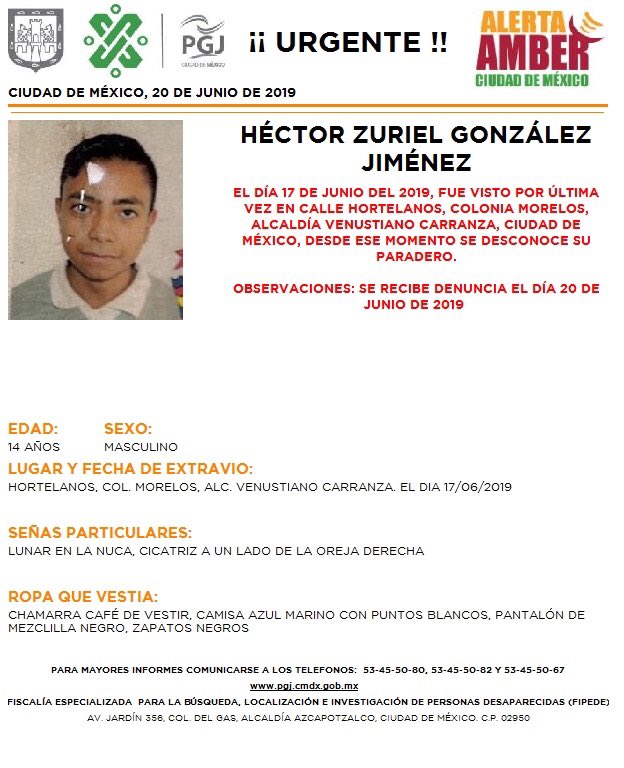 Foto Alerta Amber para localizar a Héctor Zuriel González Jiménez 21 junio 2019