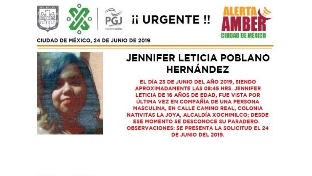 Alerta Amber: Ayuda a localizar a Jennifer Leticia Poblano Hernández