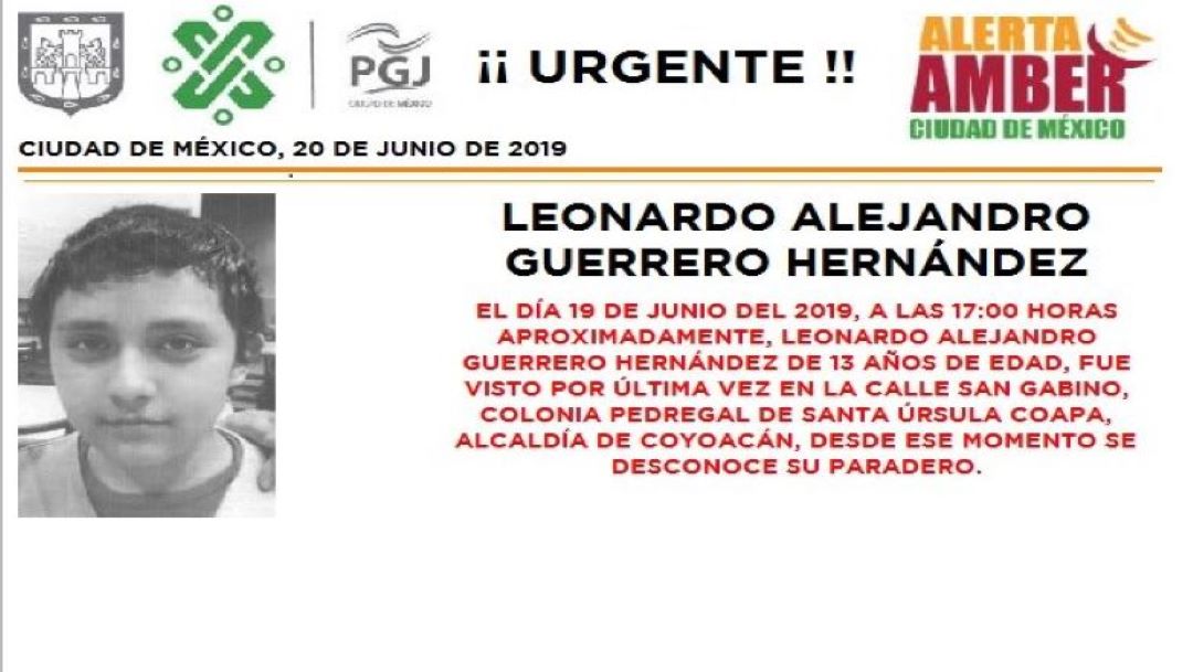Foto Alerta Amber para localizar a Leonardo Alejandro Guerrero Hernández 20 junio 2019 cdmx