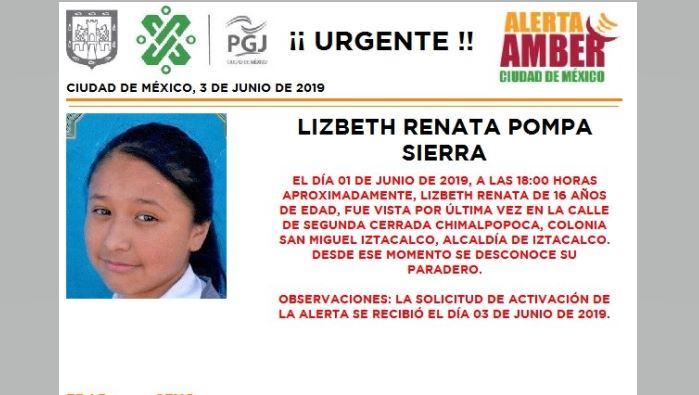 Foto Alerta Amber para localizar a Lizbeth Renata Pompa Sierra 3 junio 2019