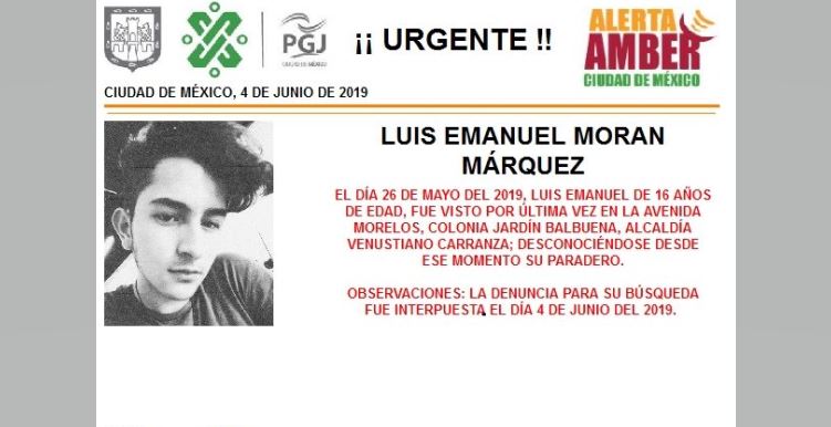 Foto Alerta Amber para localizar a Luis Emanuel Moran Márquez 5 junio 2019