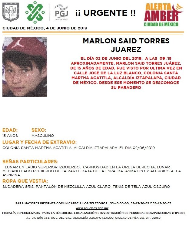 Foto Alerta Amber para localizar a Marlon Said Torres Juárez 4 junio 2019