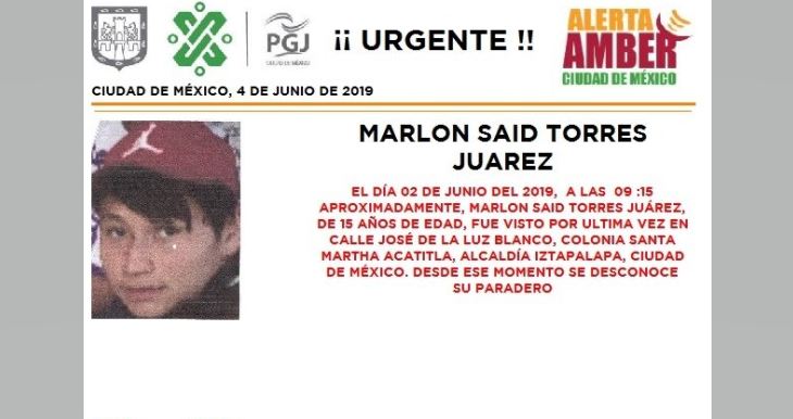 Foto Alerta Amber para localizar a Marlon Said Torres Juárez 4 junio 2019
