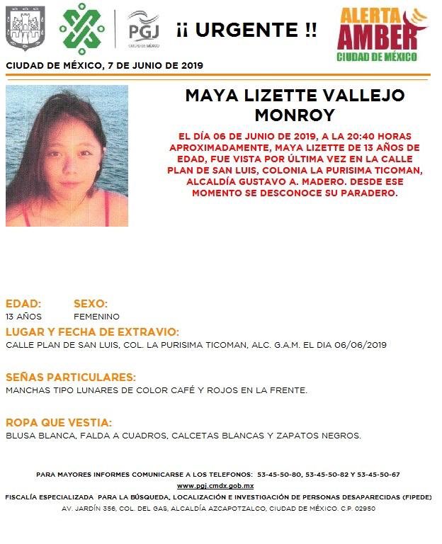 Foto Alerta Amber para localizar a Maya Lizette Vallejo Monroy 7 junio 2019