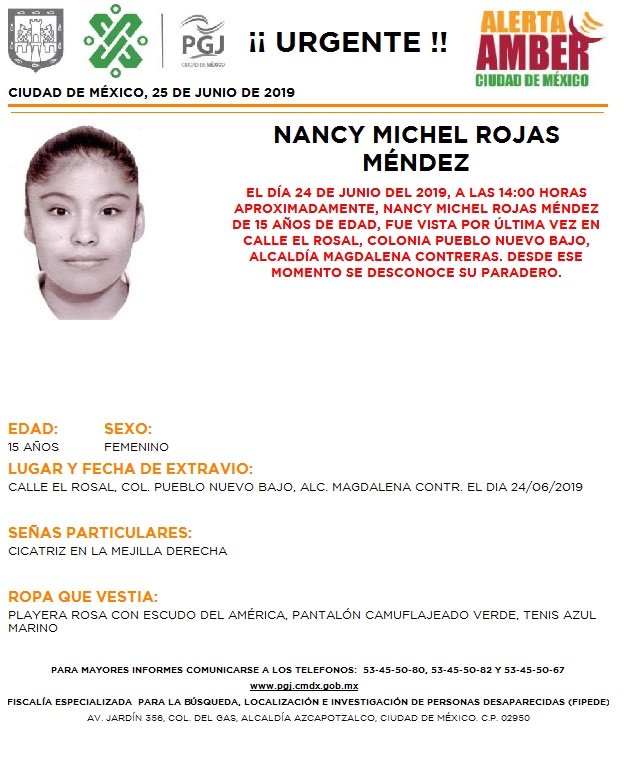 Foto Alerta Amber para localizar a Nancy Michel Rojas Méndez 25 junio 2019
