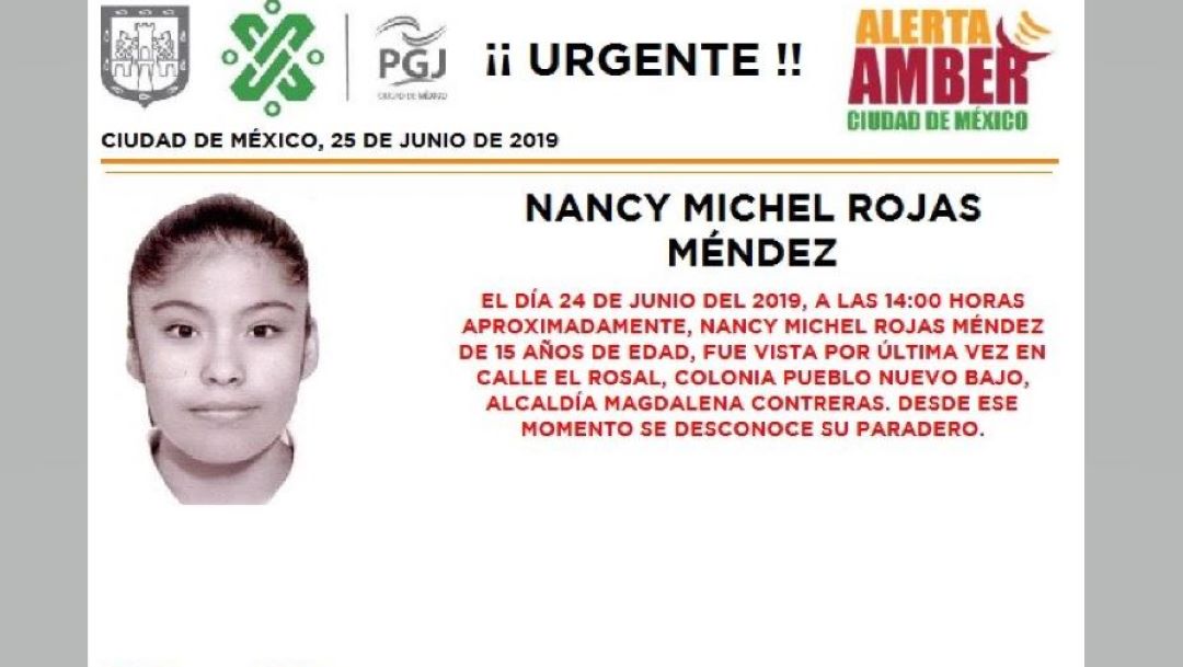 Alerta Amber: Ayuda a localizar a Nancy Michel Rojas Méndez