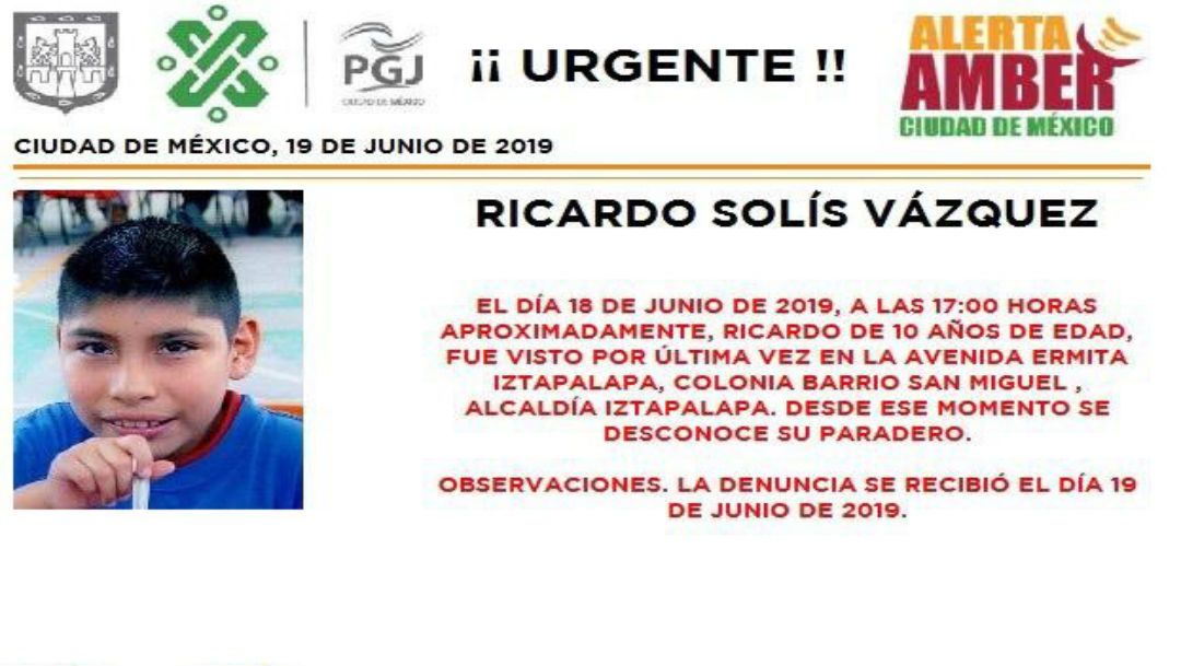 Alerta Amber: Ayuda a localizar a Ricardo Solís Vázquez