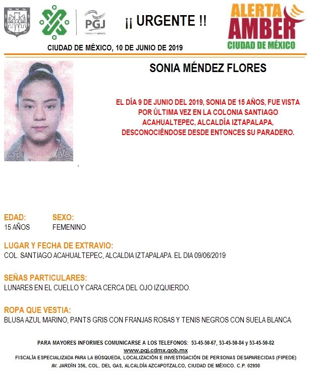 Foto Alerta Amber para localizar a Sonia Méndez Flores 11 junio 2019