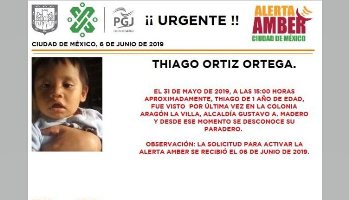 Foto Alerta Amber para localizar a Thiago Ortíz Ortega 6 junio 2019