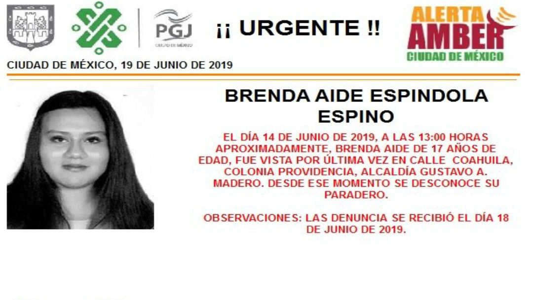 Foto Alerta Amber para localizar a Brenda Aide Espindola Espino 19 junio 2019
