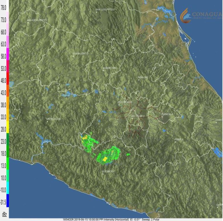 Foto: La imagen de radar detecta ecos de reflectividad asociados con lluvia en el Estado de México, 15 junio 2019