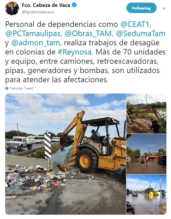 IMAGEN Lluvias provocan inundaciones en Reynosa, hay un muerto (Twitter @fgcabezadevaca 25 junio 2019 tamaulipas)