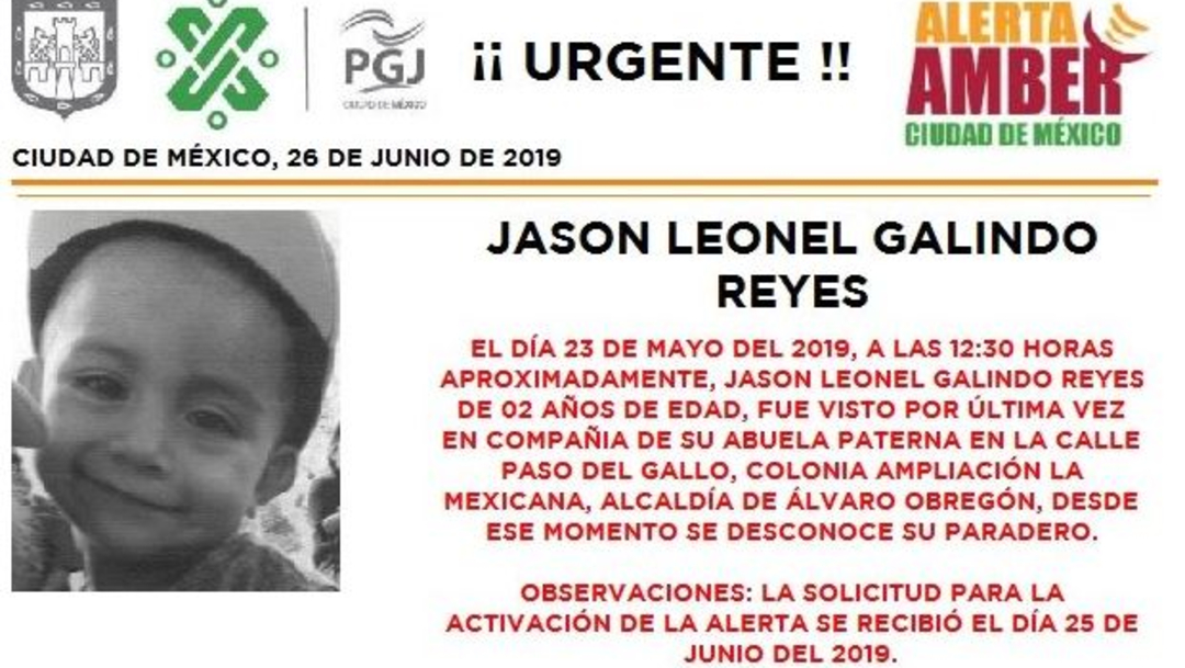 Activan la alerta amber para localizar a Jason Leonel Galindo Reyes, de 2 años. (@PGJDF_CDMX)