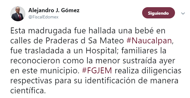 IMAGEN Localizan a bebé recién nacida robada en Naucalpan (Twitter 11 junio 2019 cdmx)
