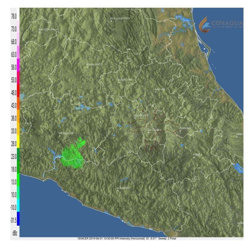 Foto: El radar no detecta ecos de reflectividad asociados a precipitaciones en el Valle de México, 1 junio 2019
