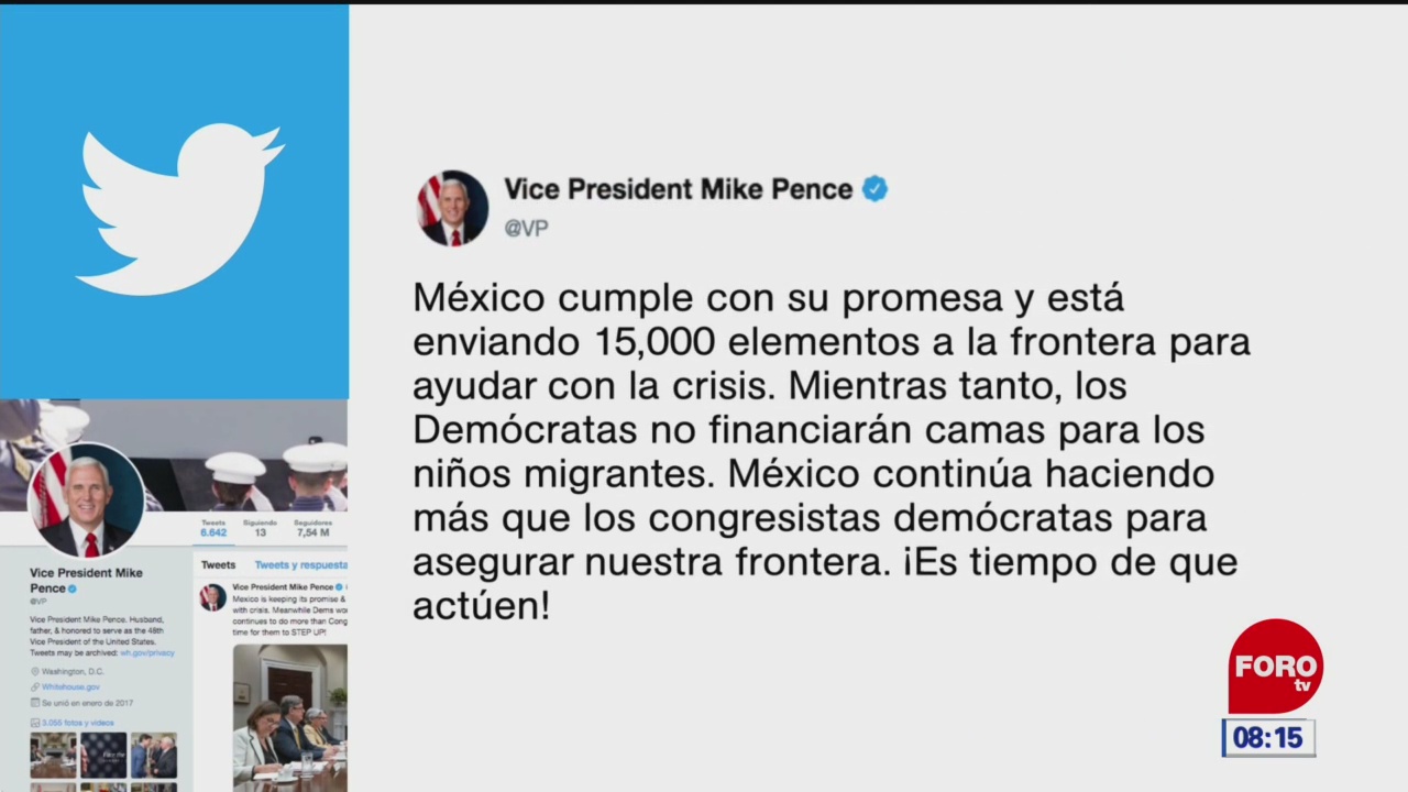 Mike Pence aplaude envío de 15 mil soldados a la frontera México-EU
