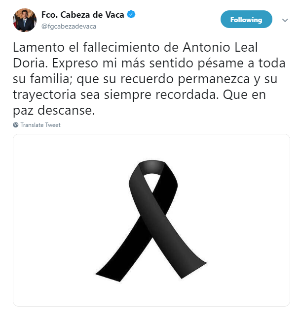 IMAGEN Muere José Antonio Leal Doria, candidato a diputado en Tamaulipas (Twitter @fgcabezadevaca 2 junio 2019 tamaulipas)