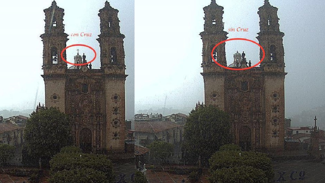 Rayo destruye cruz en cúpula de iglesia de Taxco, Guerrero