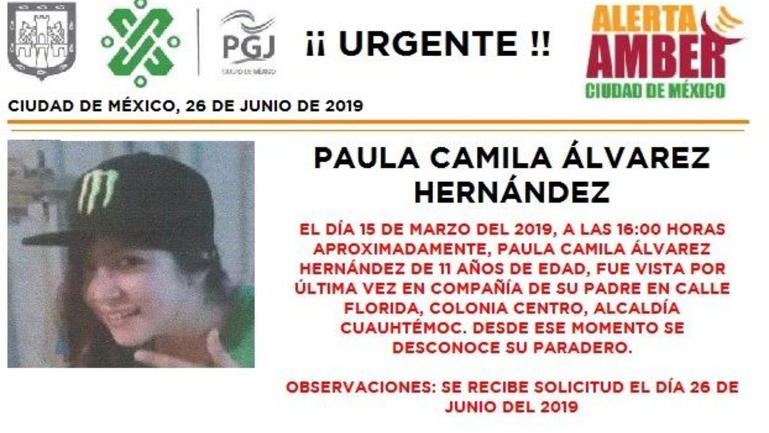 Activan la alerta amber para localizar a Paula Camila Álvarez, de 11 años. (@PGJDF_CDMX)