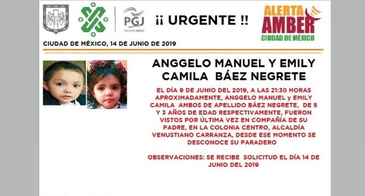Foto Alerta Amber para localizar a Anggelo Manuel y Emily Camila Báez Negrete 14 junio 2019