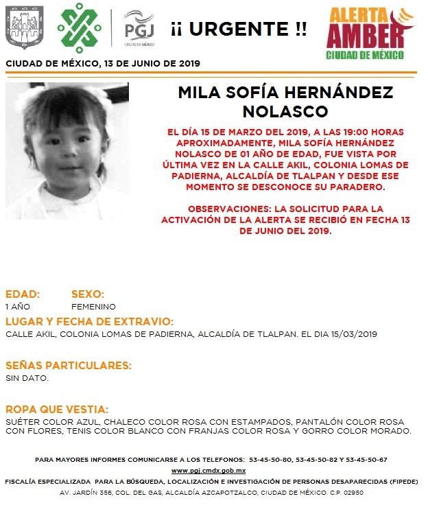 Foto Se activa Alerta Amber para localizar a Mila Sofía Hernández Nolasco 14 junio 2019