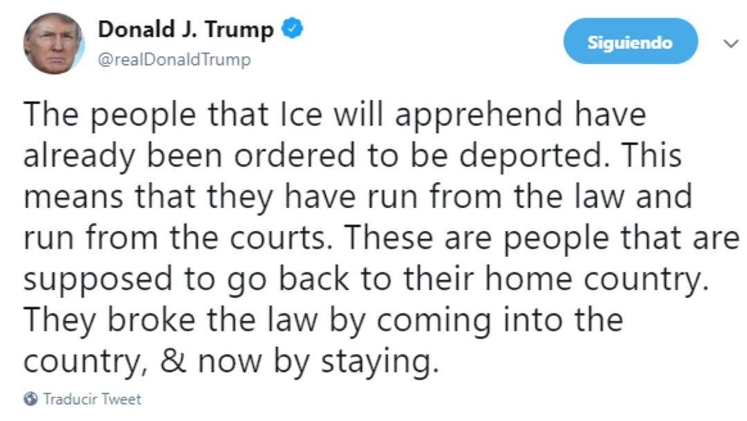 IMAGEN Donald Trump justifica las deportaciones de familias migrantes (Twitter 22 junio 2019)