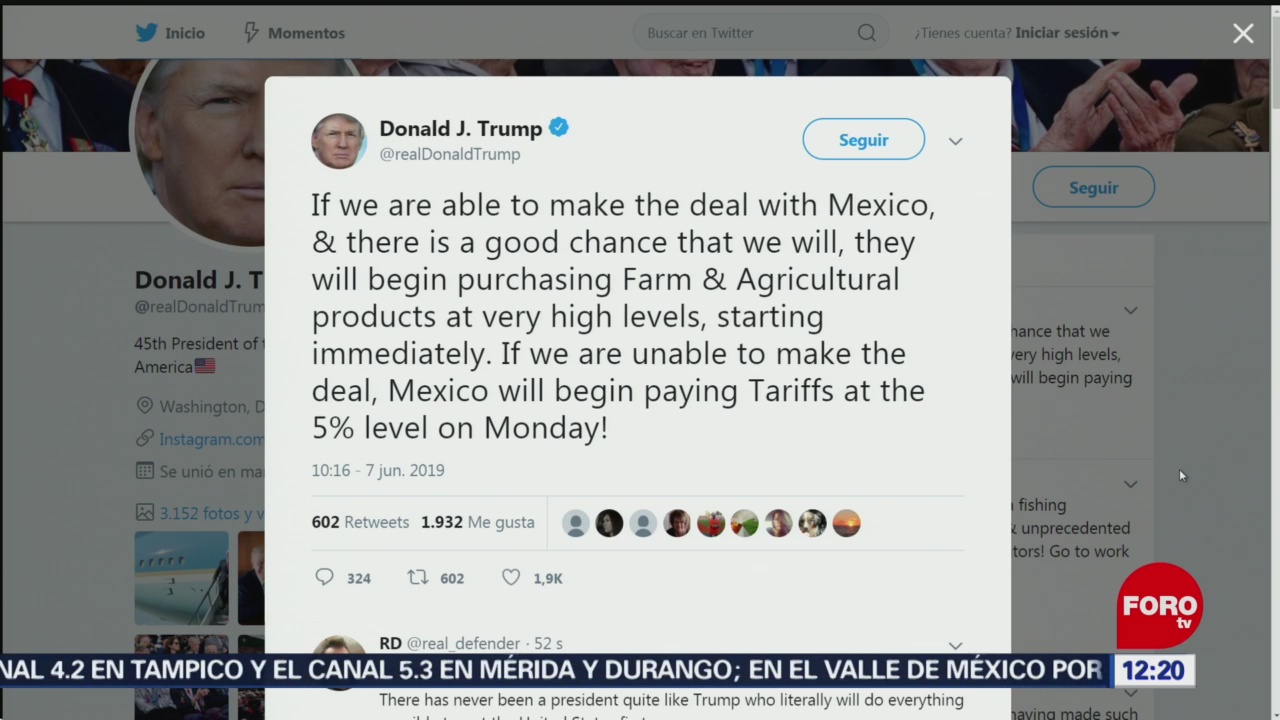 Trump reitera amenaza de aranceles contra México, en Twitter