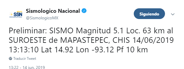 Foto: Tuit del SSN sobre sismo en Chiapas,14 de junio de 2019