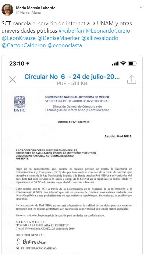 Foto SCT cancela servicio de internet a 35 escuelas de la UNAM 26 julio 2019